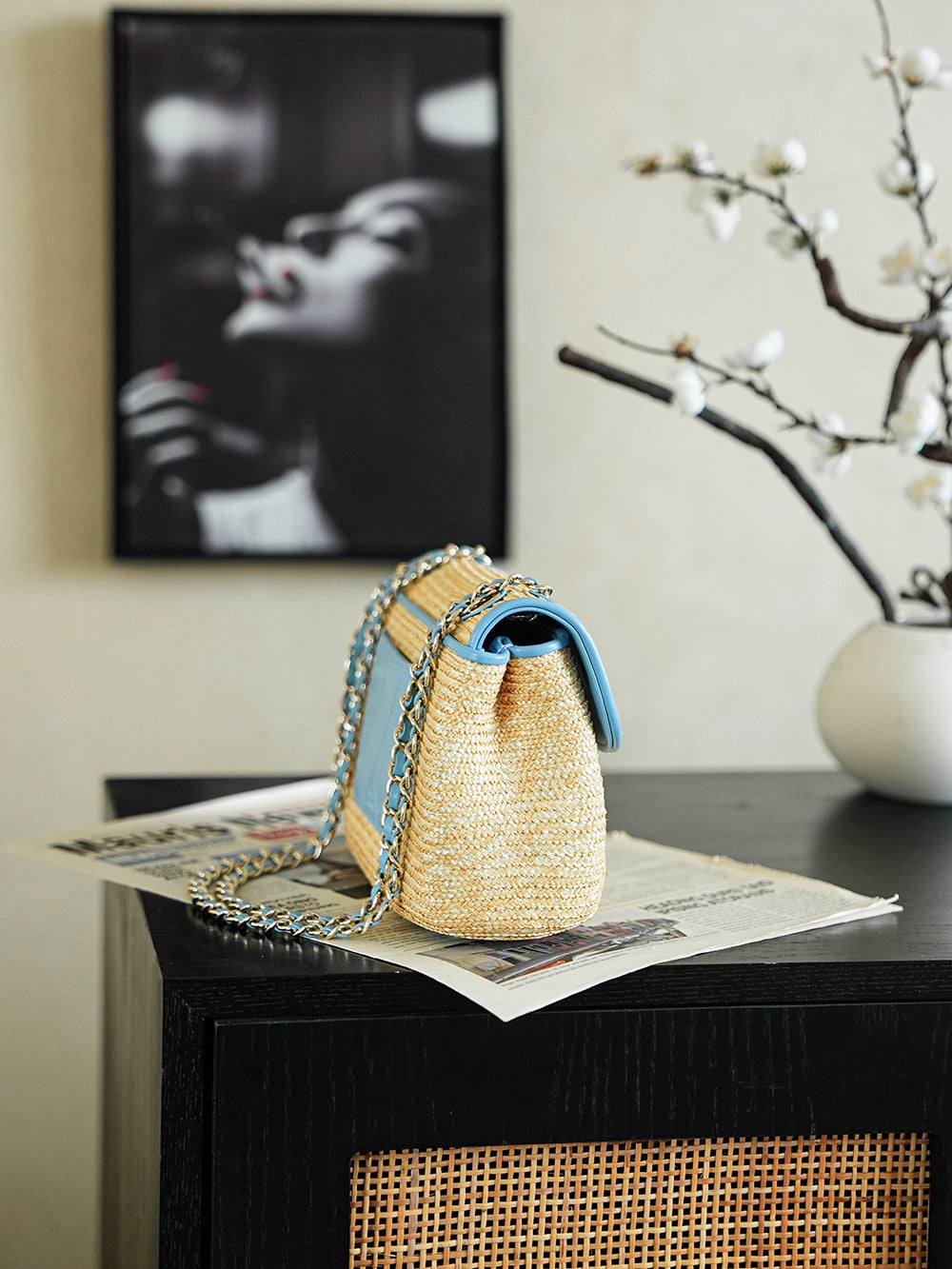 CC 25/26 Smal Flap Bag 23cm Beige Blue Straw Lambskin