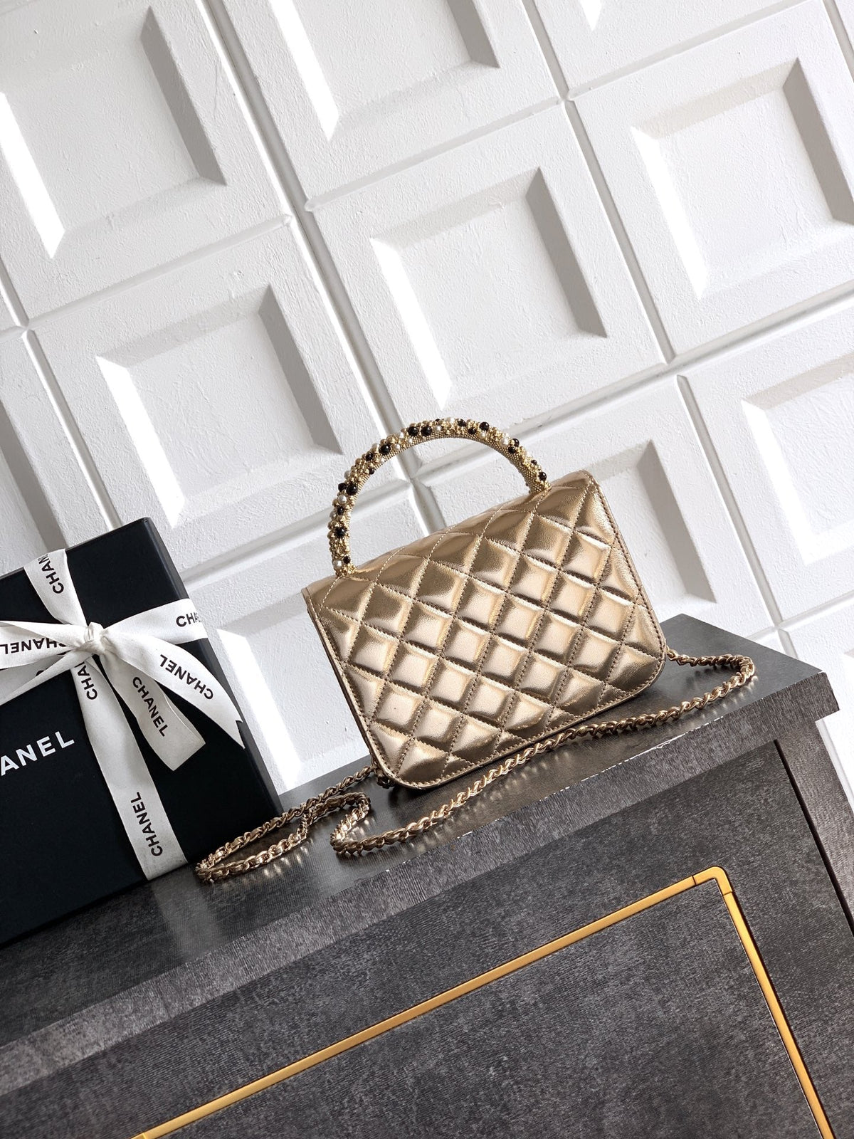 CC Mini Flap Bag 17.5 With Handle Gold Metalic Lambskin