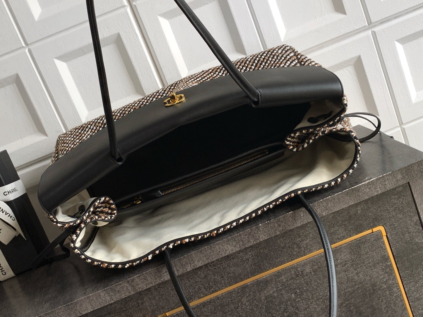 Chanel 2026 Large Shopping Bag 43cm Black Tweed Calfskin 363309