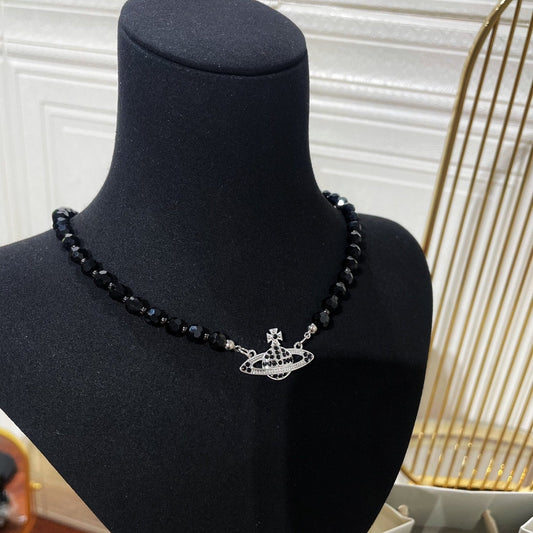 Vivienne Westwood Black Crystal Saturn Necklace
