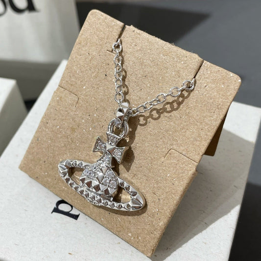 Vivienne Silver Studded Saturn Necklace Sliver