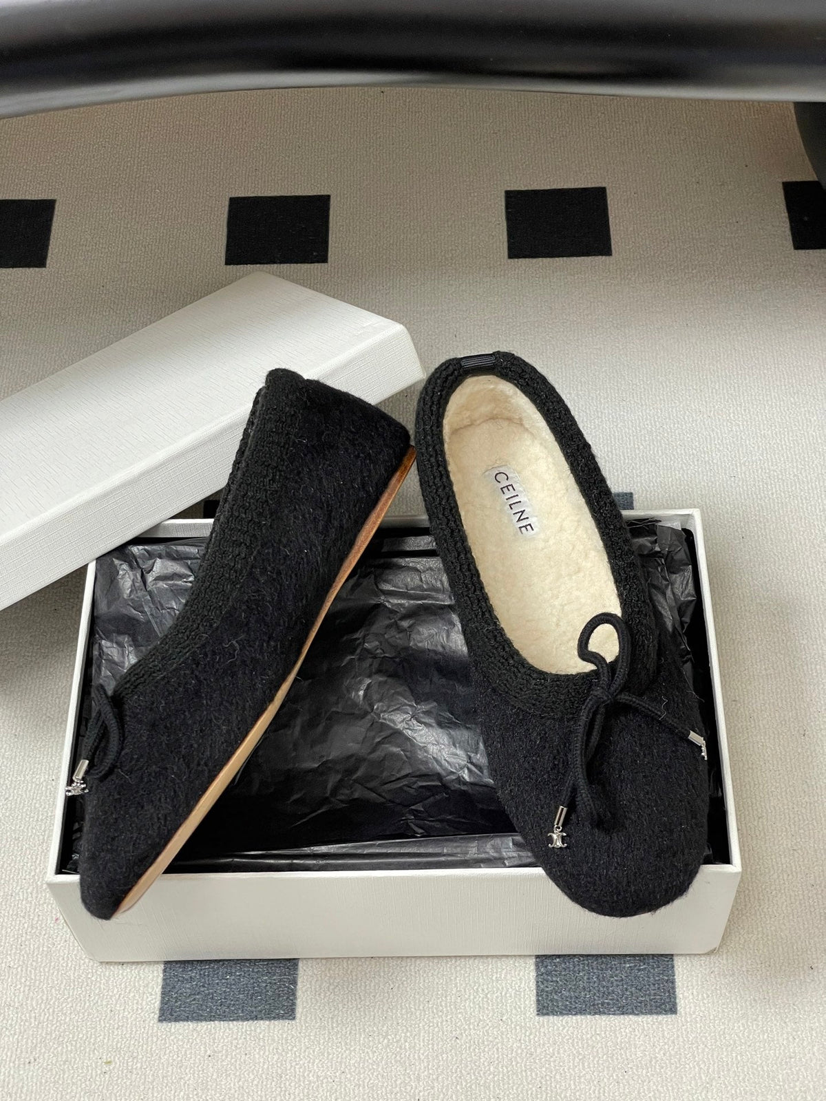 Celine 26s Ballet Flats In Black Wool With Bow Style 1