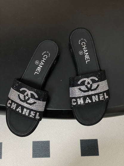 CC 26s Flat Sandals Black Sheepskin Rhinestones 649516