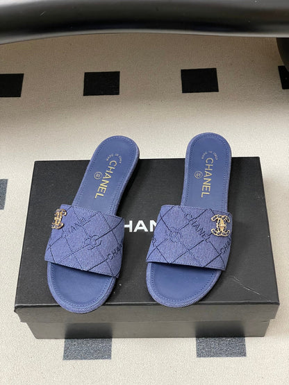 CC 26s Flat Sandals Dark Blue Canvas Sheepskin Double C 649505