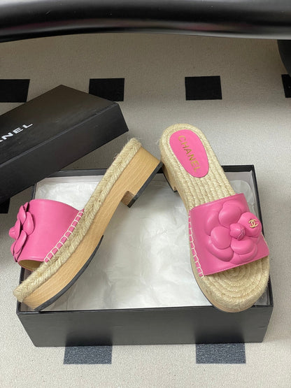 CC 26s Camellia Slippers Beige Pink Rope Smooth Leather 649398
