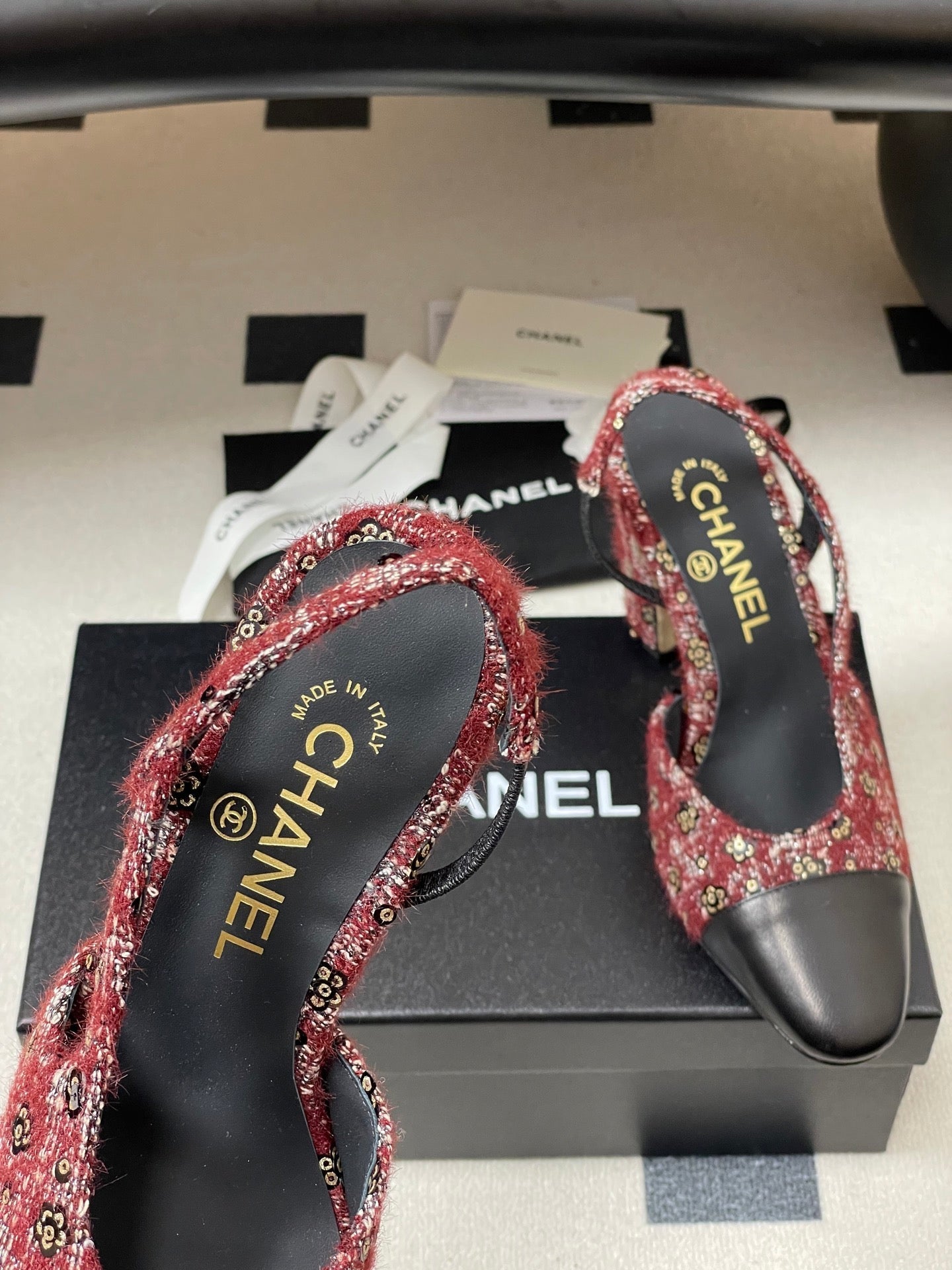 CC 26s Slingback 95 Dark Red Black Tweed Sheepskin 649422