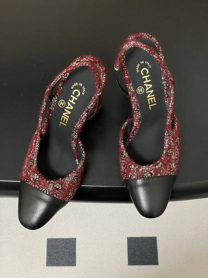 CC 26s Slingback 95 Dark Red Black Tweed Sheepskin 649422