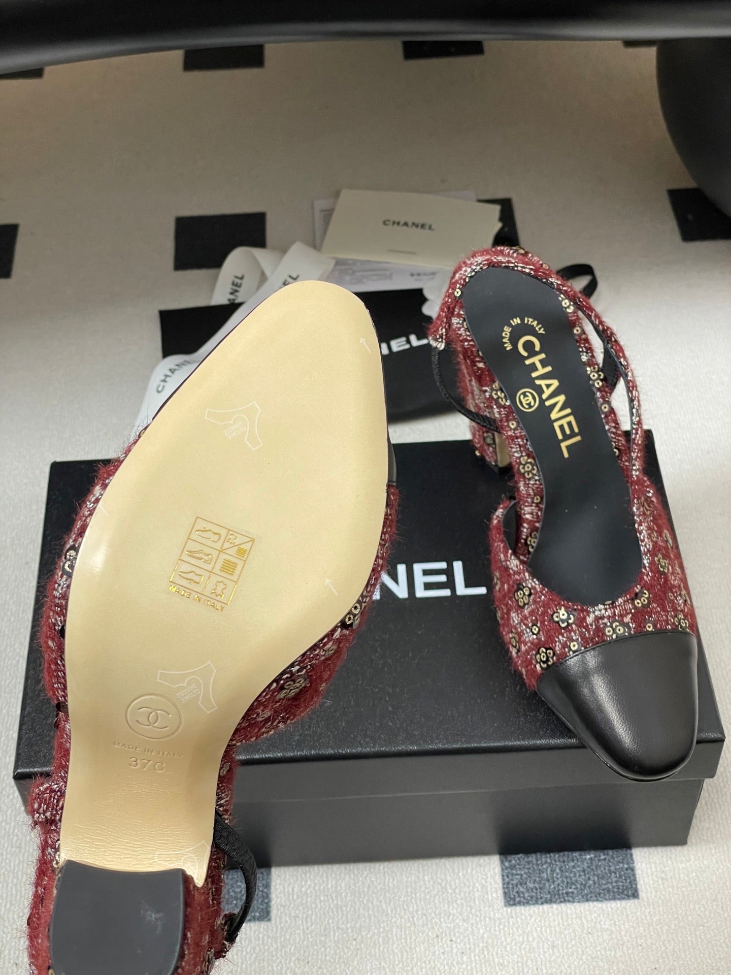 CC 26s Slingback 95 Dark Red Black Tweed Sheepskin 649422