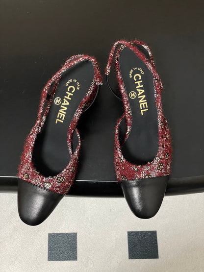 CC 26s Slingback 65 Dark Red Black Tweed Sheepskin 649423