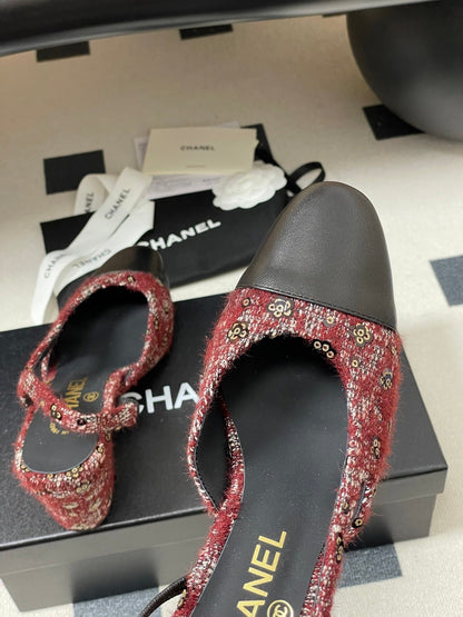 CC 26s Slingback 65 Dark Red Black Tweed Sheepskin 649423