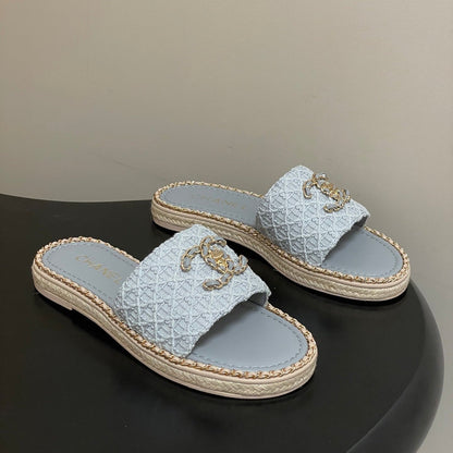 CC 26s Flat Slippers Gray Gold Fabric Sheepskin 649483