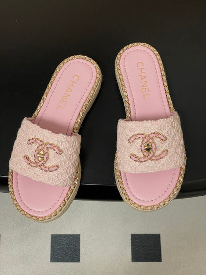 CC 26s Flat Slippers Pink Gold Fabric Sheepskin 649485