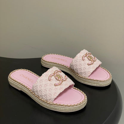 CC 26s Flat Slippers Pink Gold Fabric Sheepskin 649485