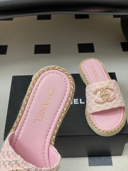 CC 26s Flat Slippers Pink Gold Fabric Sheepskin 649485