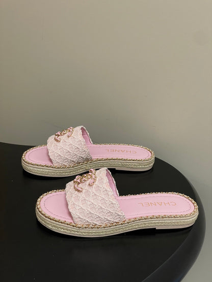 CC 26s Flat Slippers Pink Gold Fabric Sheepskin 649485