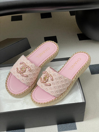 CC 26s Flat Slippers Pink Gold Fabric Sheepskin 649485