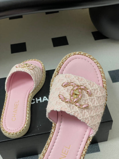 CC 26s Flat Slippers Pink Gold Fabric Sheepskin 649485