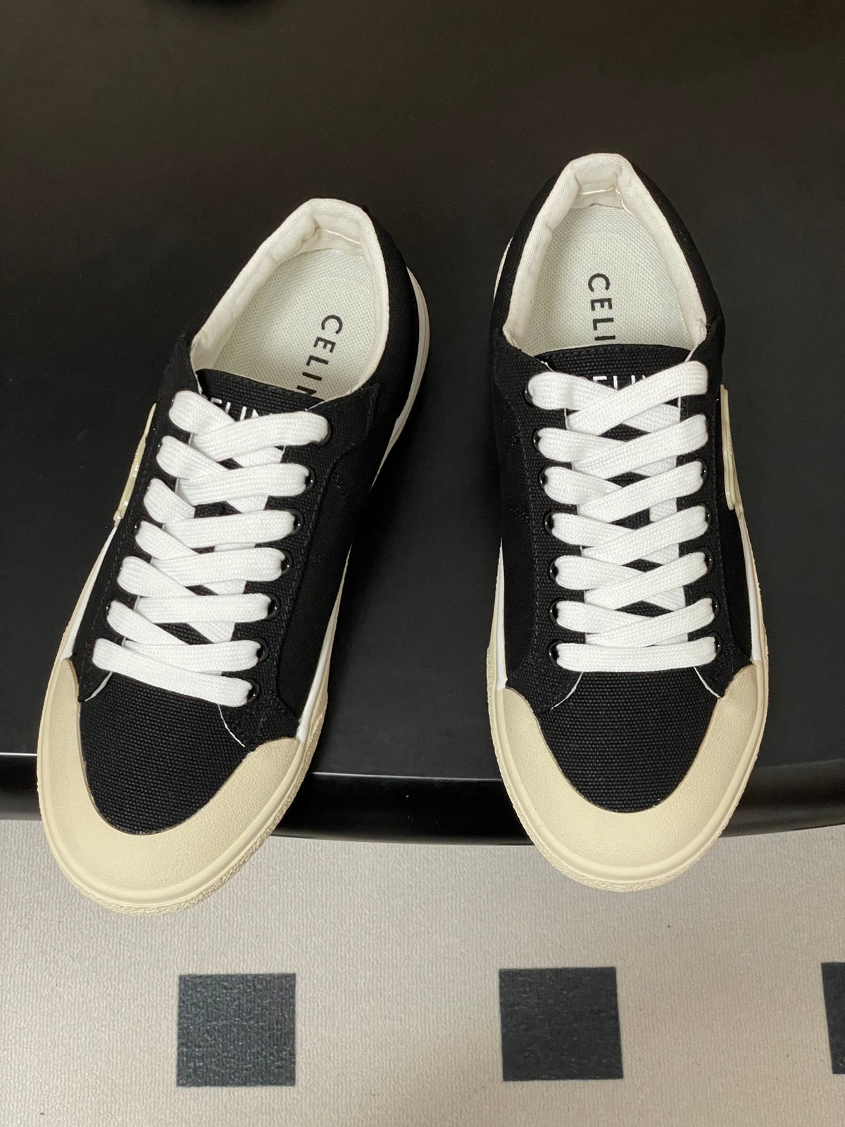 Celine Alan Sneakers Black Ivory Canvas Rubber 701719