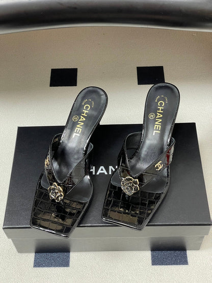 Chanel 2026 Camellia Flip-Flops High-Heeled Cowhide Sheepskin 834726