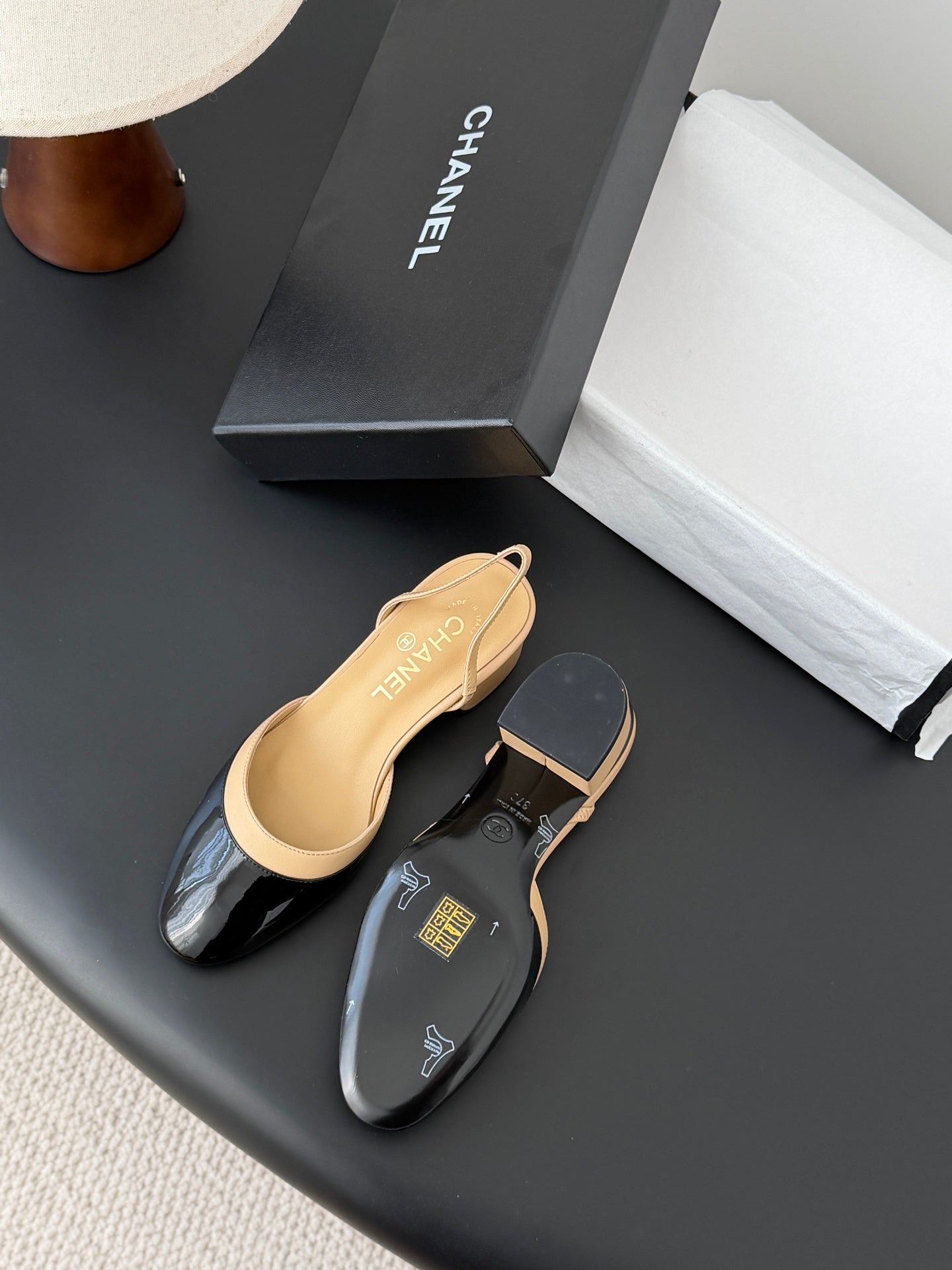 Chanel 2026 Slingback Black Beige Lambskin & Patent Calfskin 605326