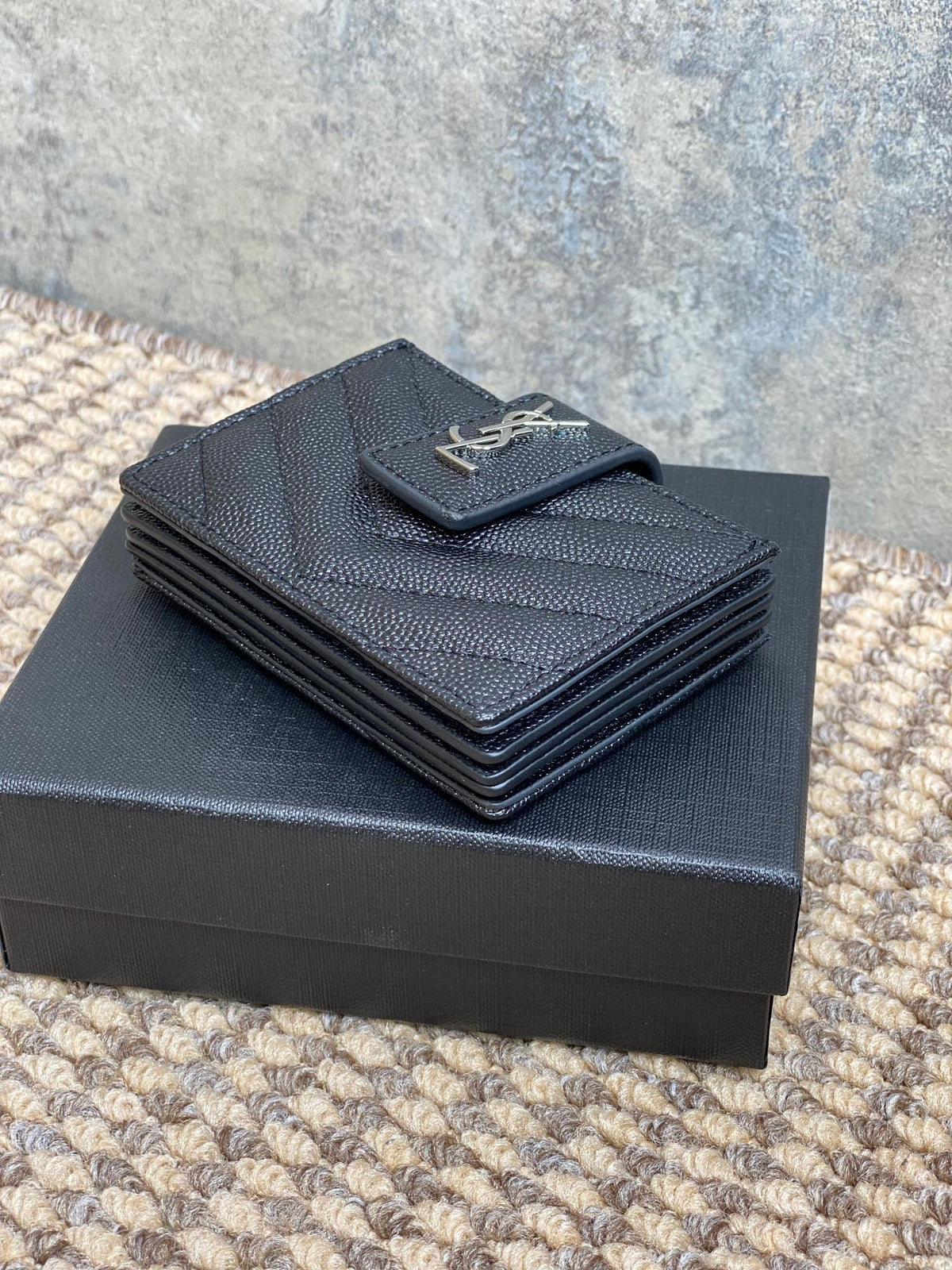 YSL Accordion Card Wallet Black 11cm Caviar Cowhide Sliver HW