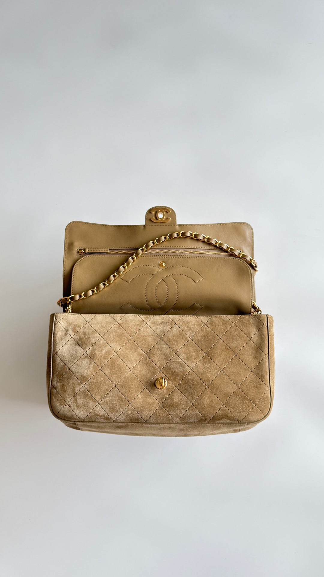 Chanel 2026 Maxi Flap Bag 32cm Beige Suede Calfskin