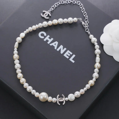 Chanel 2026 Freshwater Pearl Silver Double C Short Necklace Choker