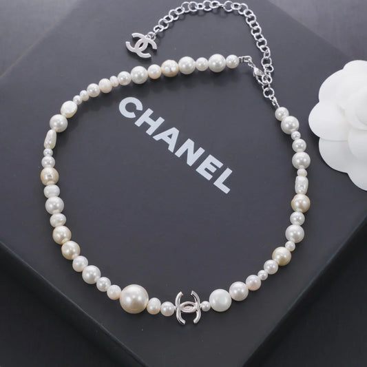 Chanel 2026 Freshwater Pearl Silver Double C Short Necklace Choker