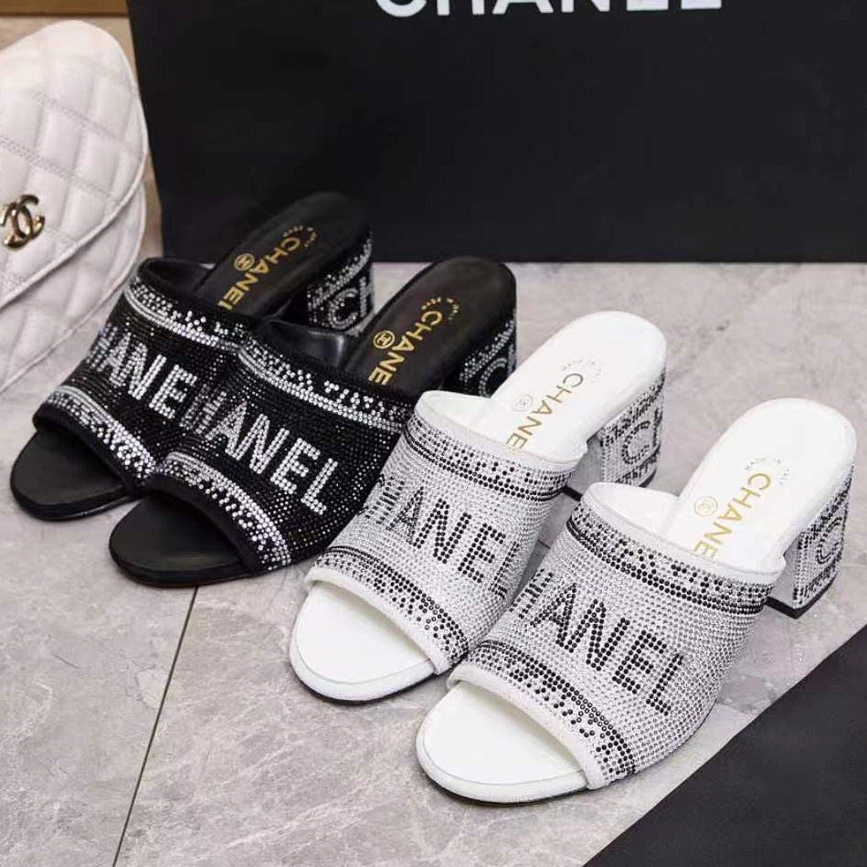 Chanel 2026 Rhinestone Mules Block Heel And Lettered Design Leather 778400