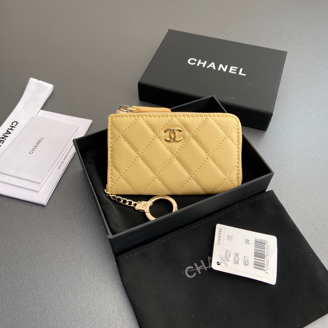 CC Hook & Chain Zipper Card Holder Yellow Caviar GHW 234715