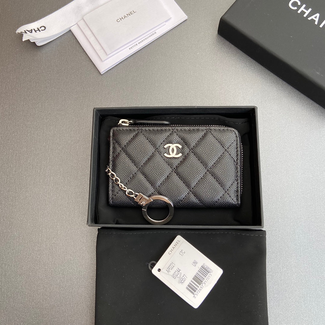 CC Hook & Chain Zipper Card Holder Black Caviar Sliver Steel 234731