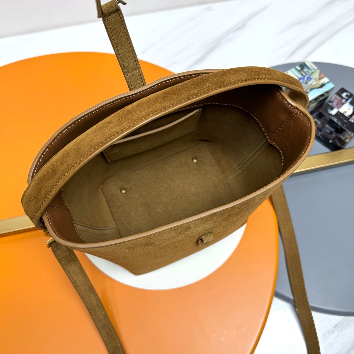 YSL Le 5 À 7 Bucket Bag 20cm Camel Brown in Suede 285621