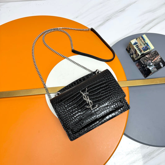 YSL Sunset Bag 19cm Black in Crocodile Pattern 285683