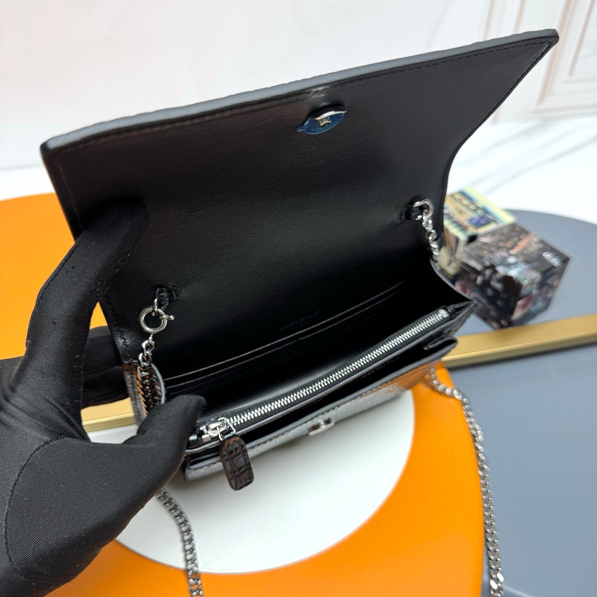 YSL Sunset Bag 19cm Black in Crocodile Pattern 285683
