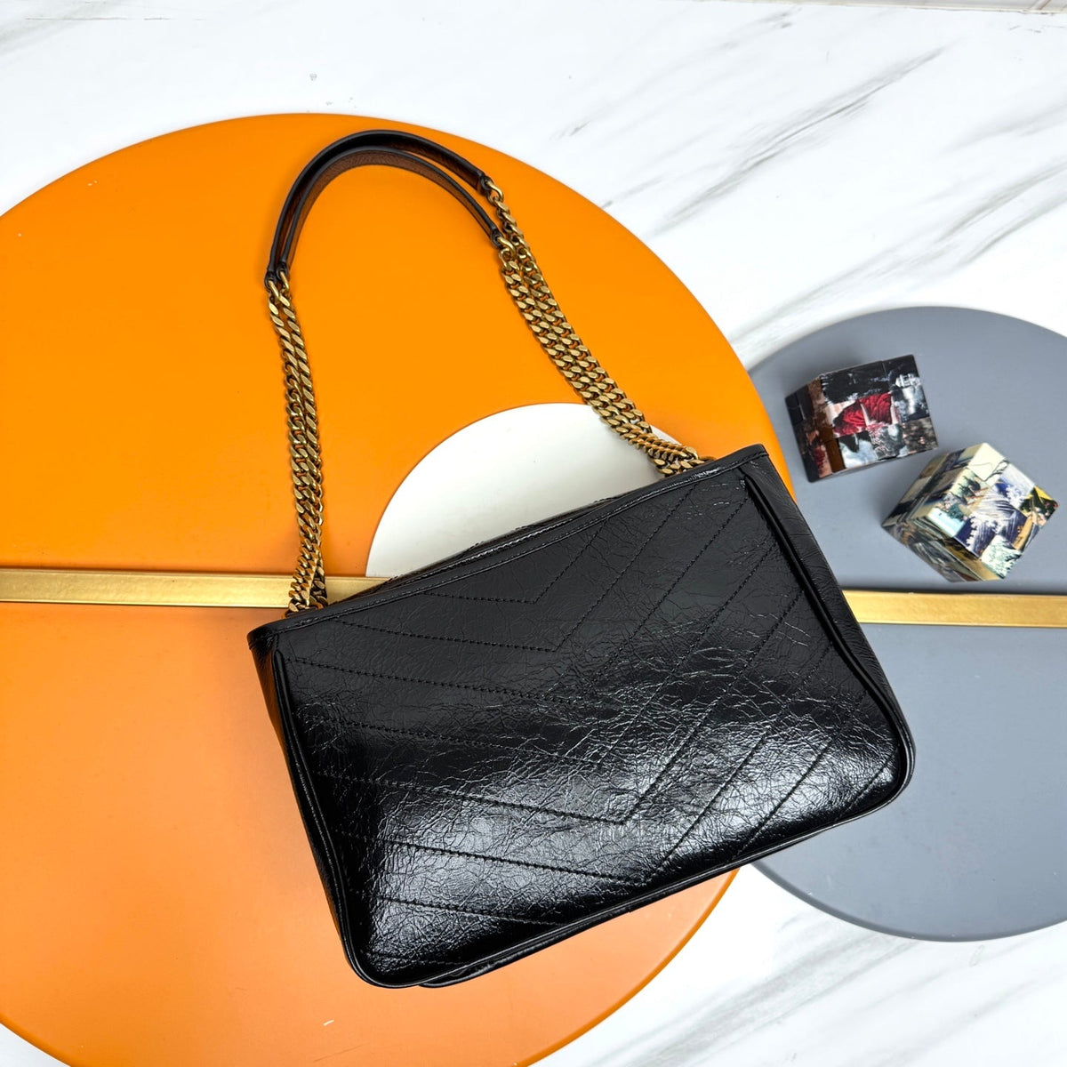 YSL Niki Tripouch Shoulder Bag 28cm Black in Oil-Waxed 285681