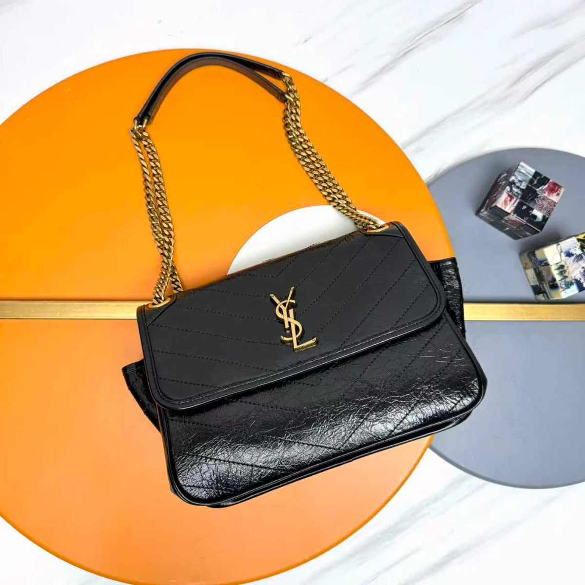 YSL Niki Tripouch Shoulder Bag 28cm Black in Oil-Waxed 285681