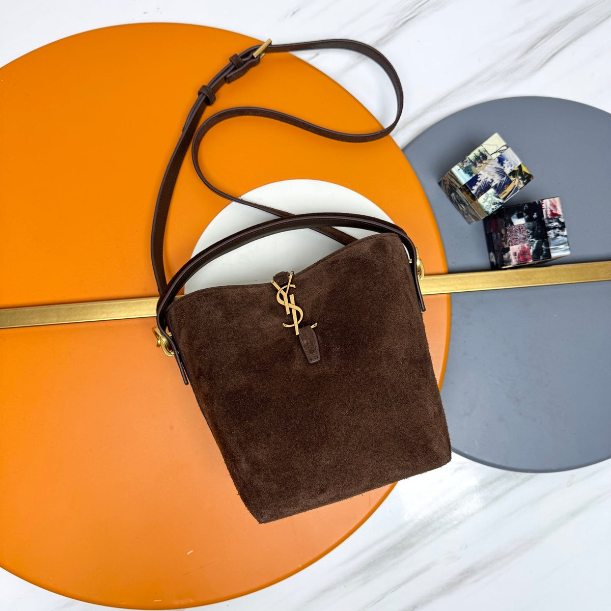 YSL Le 5 À 7 Bucket Bag 20cm Brown in Suede 285622