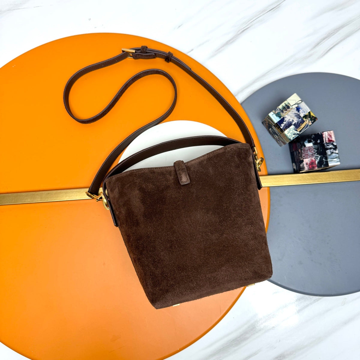YSL Le 5 À 7 Bucket Bag 20cm Brown in Suede 285622