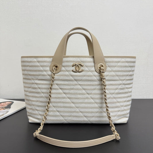 Chanel 26 Woven Beach Bag 46 White Light Beige Canvas Leather