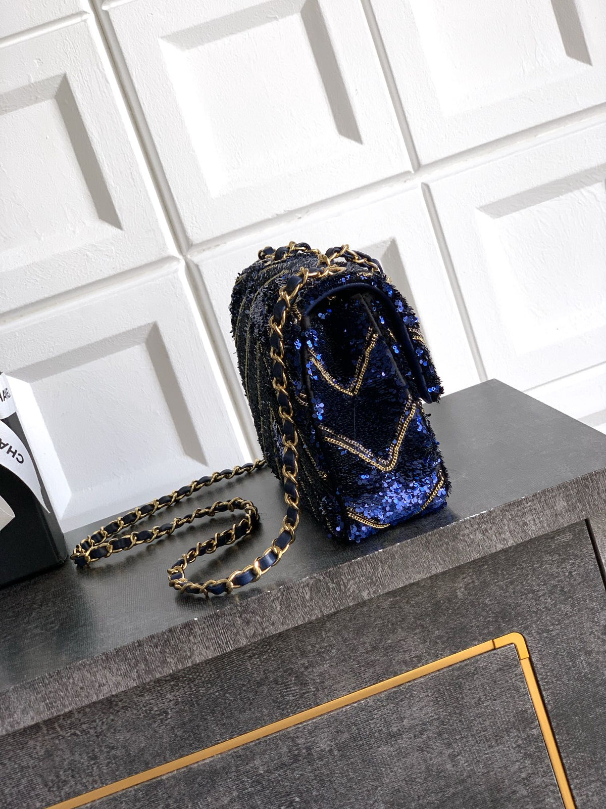 CC 26K Flap Bag 21cm Navy Blue Silk Sequin