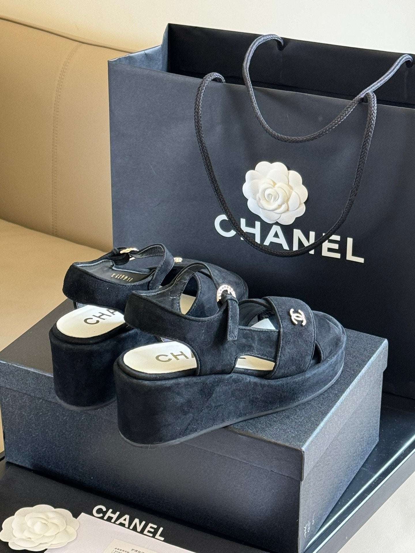 Chanel 2026 Peep Toe Wedge Sandals Black Suede Calfskin
