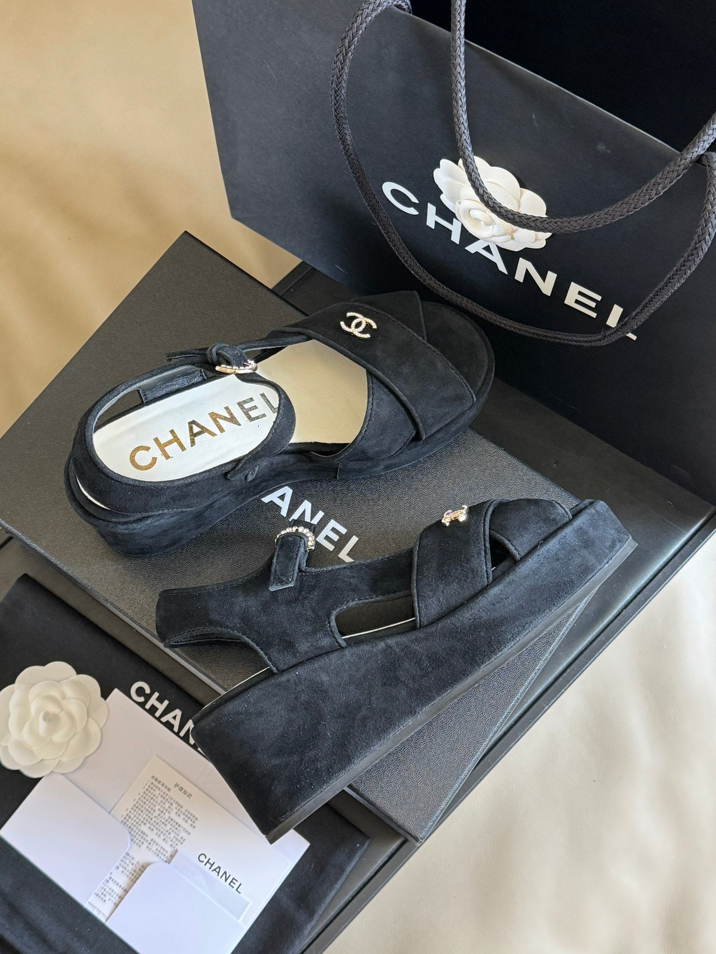 Chanel 2026 Peep Toe Wedge Sandals Black Suede Calfskin