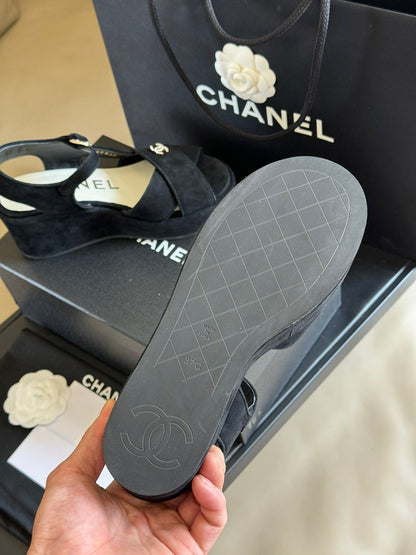 Chanel 2026 Peep Toe Wedge Sandals Black Suede Calfskin
