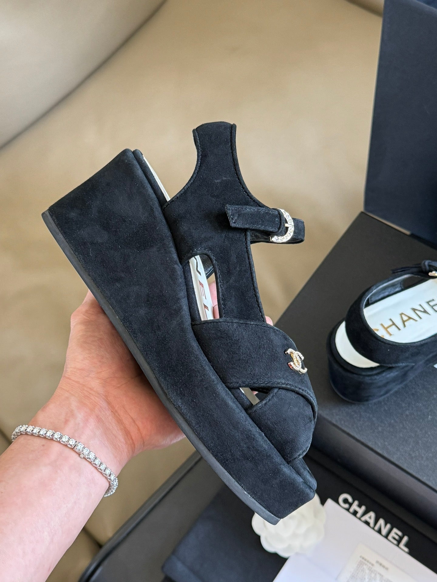 Chanel 2026 Peep Toe Wedge Sandals Black Suede Calfskin