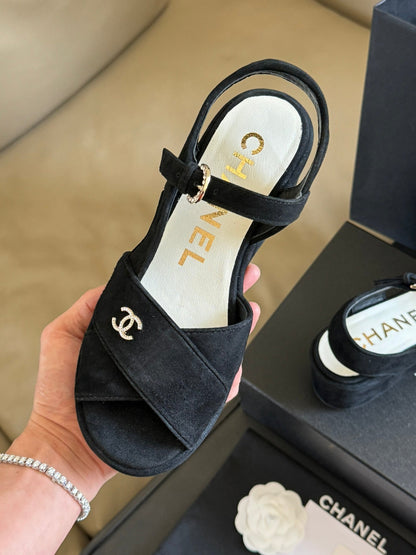 Chanel 2026 Peep Toe Wedge Sandals Black Suede Calfskin