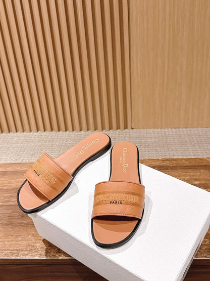 CD 26 Embroidered Slippers Camel Brown Cowhide 610277