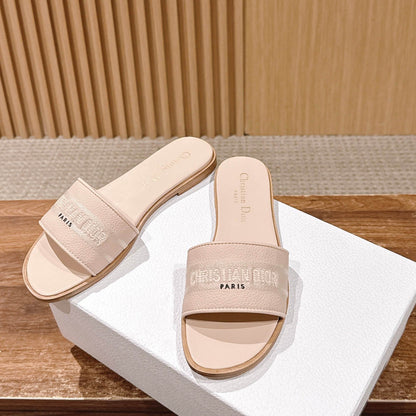CD 26 Embroidered Slippers Beige Cowhide 610278
