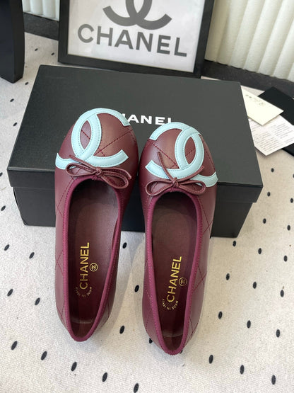 Chanel Cambon Ballet Flat Burgundy Blue Sheepskin 415674