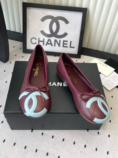 Chanel Cambon Ballet Flat Burgundy Blue Sheepskin 415674