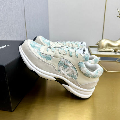 CC 2026 Casual Sneakers Beige Blue Suede Tweed 668063